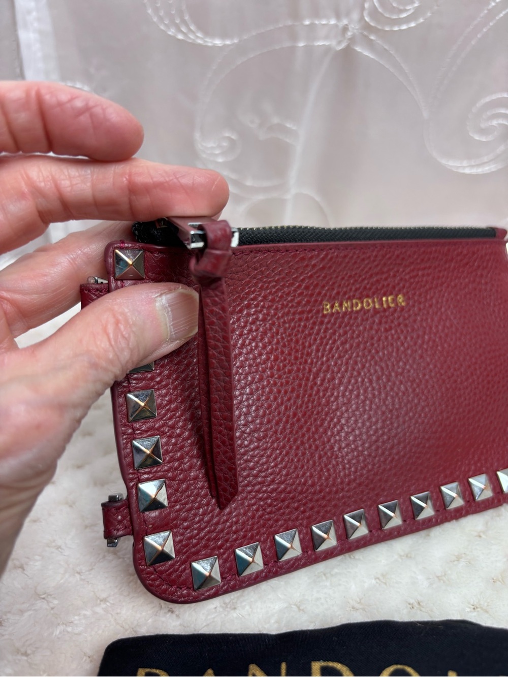 BANDOLIER Studded Red Leather Crossbody Bag Pouch with Protective Cover - Picture 4 of 10